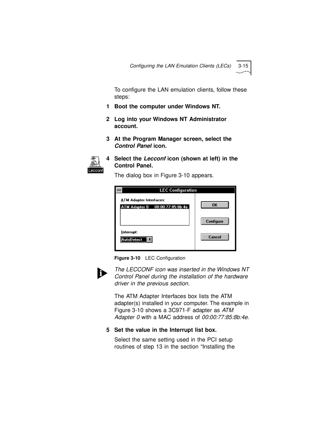 3Com 3C971-F manual Set the value in the Interrupt list box, 10LEC Conﬁguration 