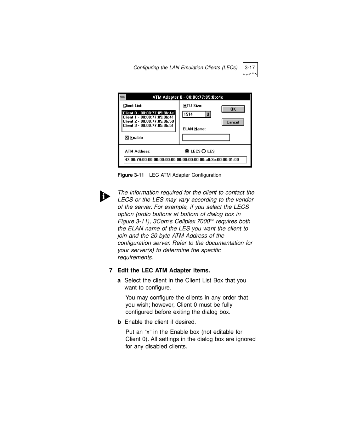 3Com 3C971-F manual Edit the LEC ATM Adapter items, 11LEC ATM Adapter Conﬁguration 