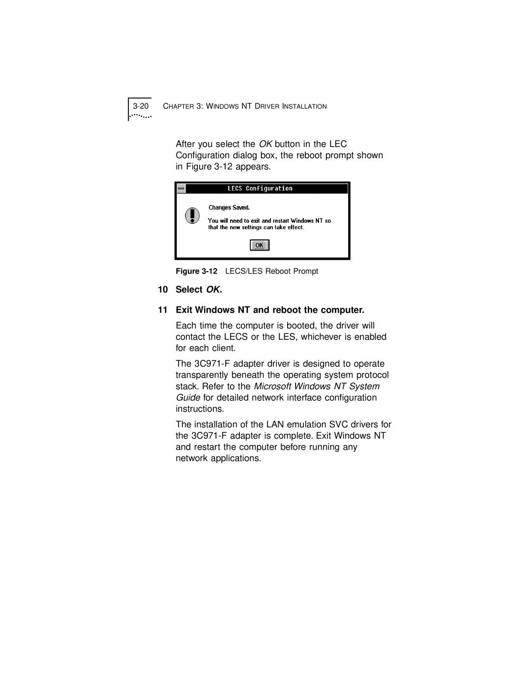 3Com 3C971-F manual Select OK Exit Windows NT and reboot the computer, 12LECS/LES Reboot Prompt 