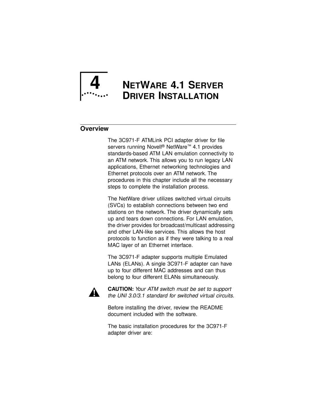 3Com 3C971-F manual Netware 4.1 Server Driver Installation, Overview 