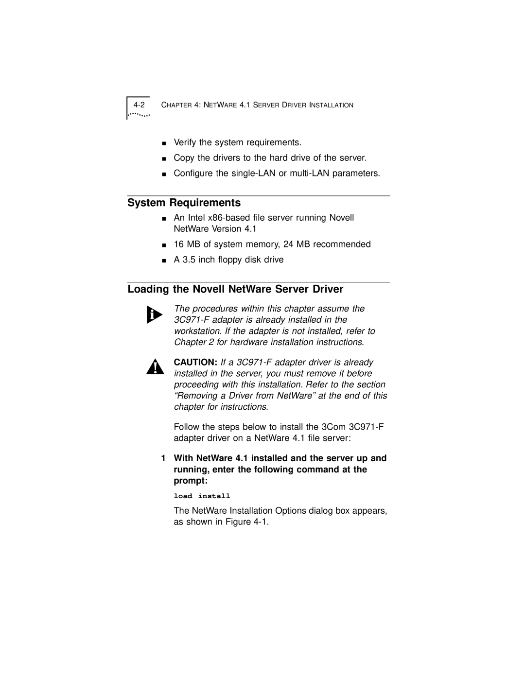 3Com 3C971-F manual System Requirements, Loading the Novell NetWare Server Driver 