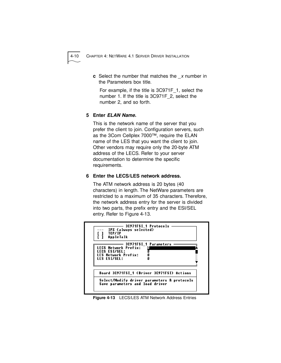 3Com 3C971-F manual Enter Elan Name, Enter the LECS/LES network address 