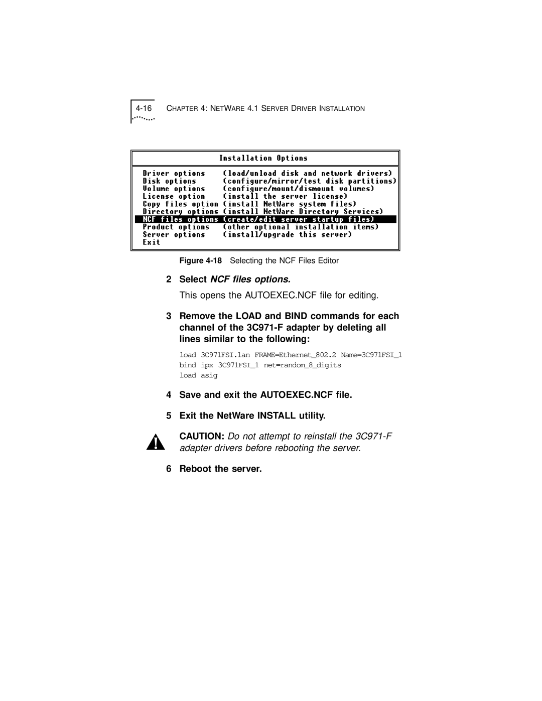 3Com 3C971-F manual Select NCF ﬁles options 