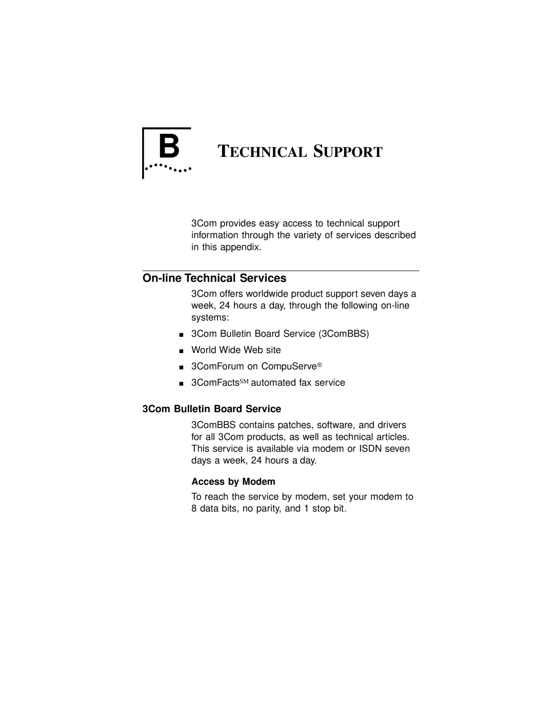 3Com 3C971-F manual On-line Technical Services, Access by Modem 