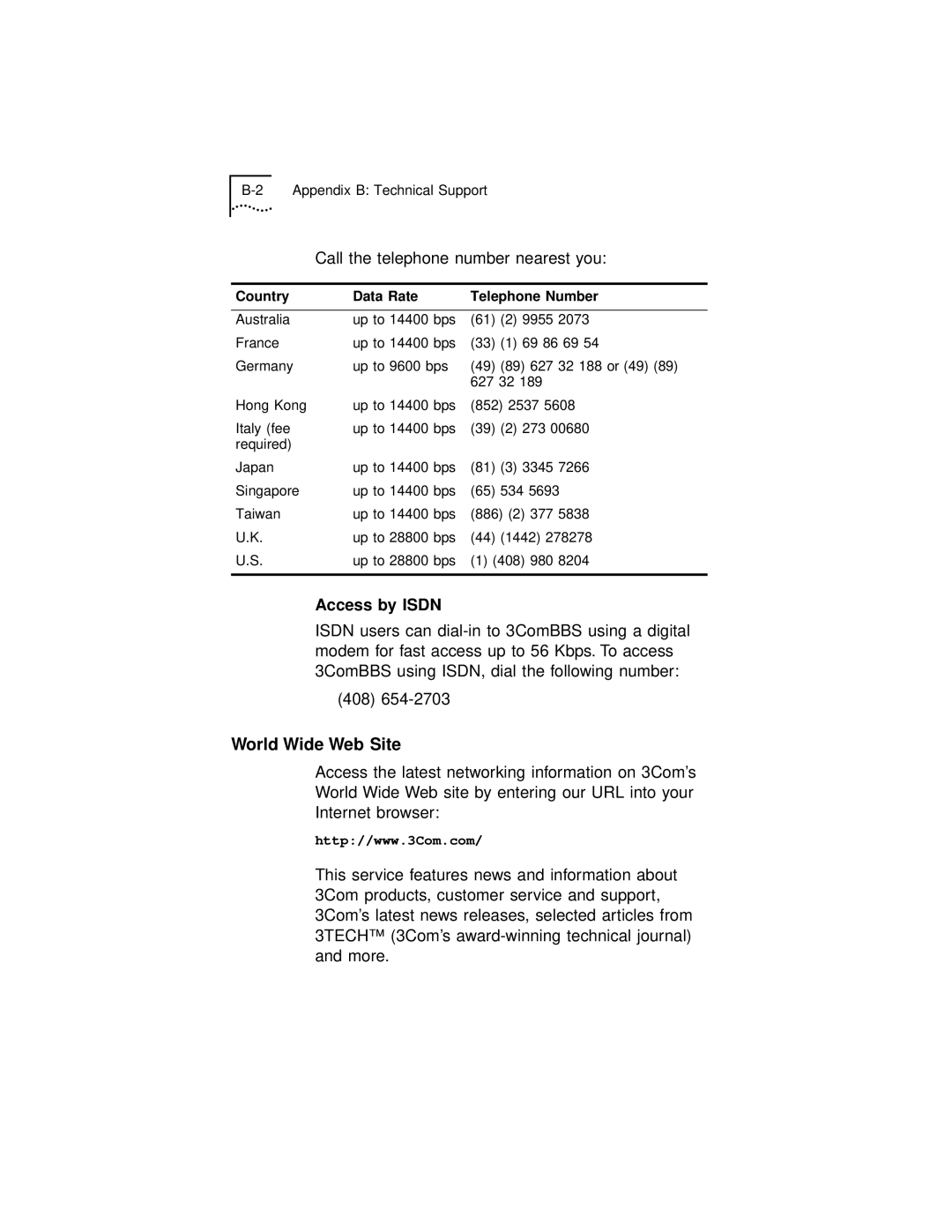 3Com 3C971-F manual Call the telephone number nearest you, Access by Isdn 