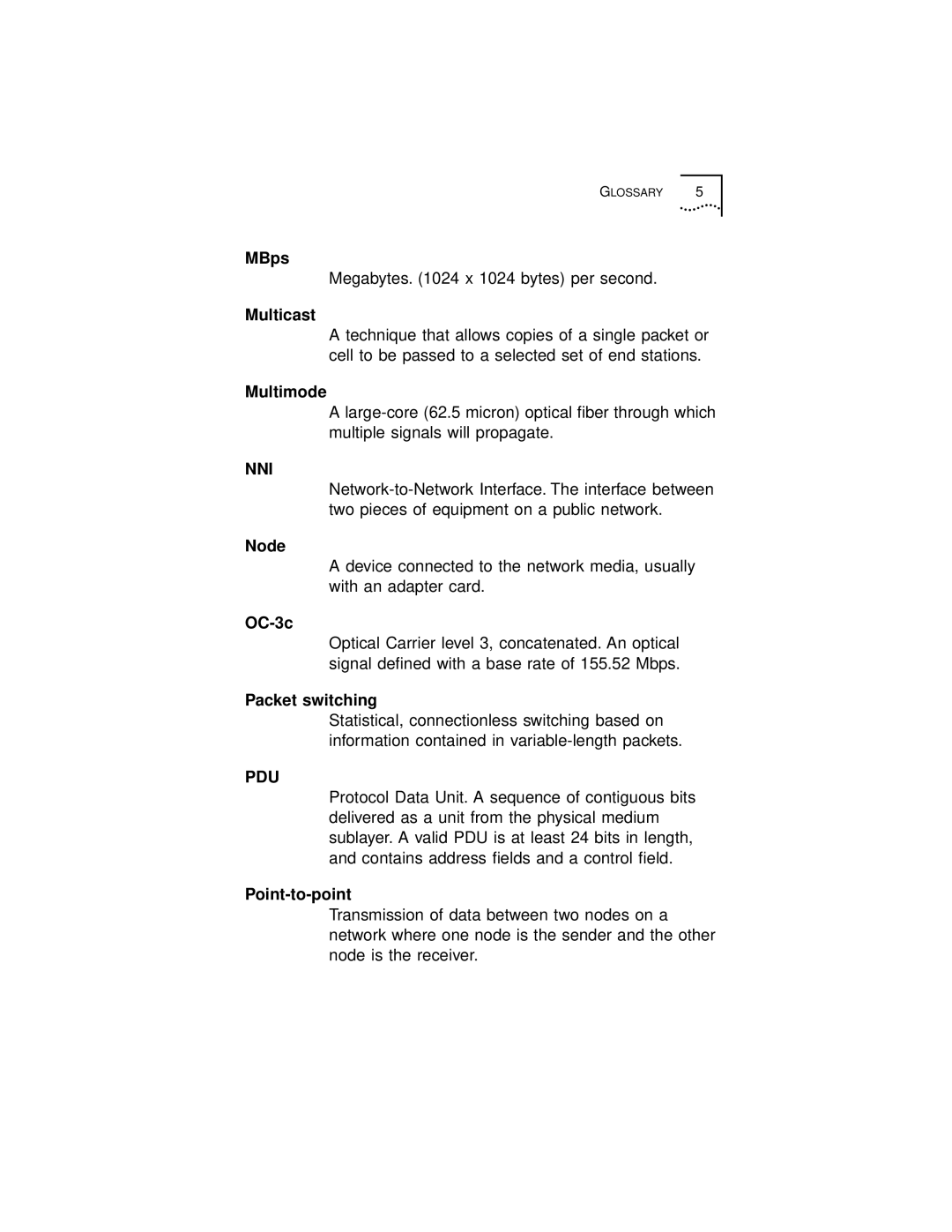 3Com 3C971-F manual Multicast, Multimode, Node, OC-3c, Packet switching, Point-to-point 