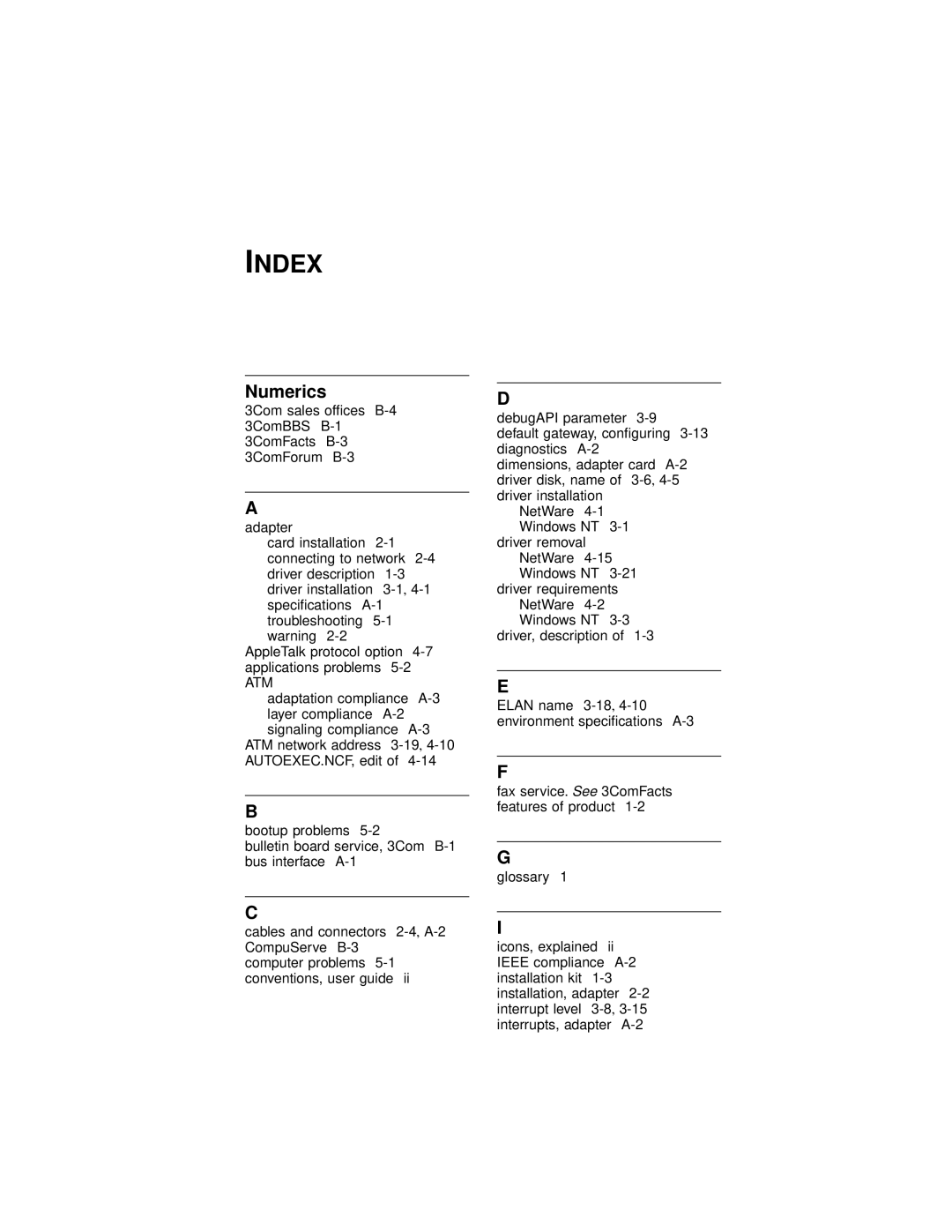 3Com 3C971-F manual Index, Numerics 