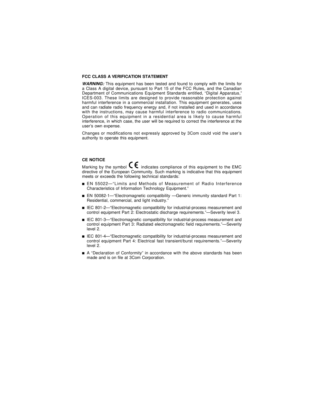 3Com 3C971-F manual FCC Class a Verification Statement 