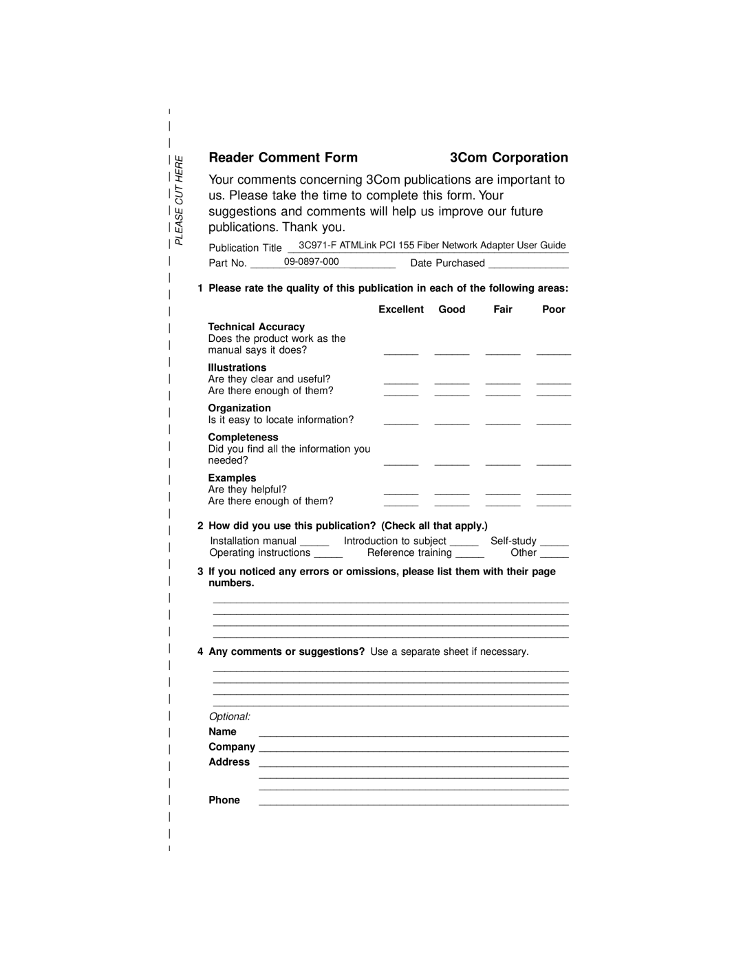 3Com 3C971-F manual Reader Comment Form 3Com Corporation 