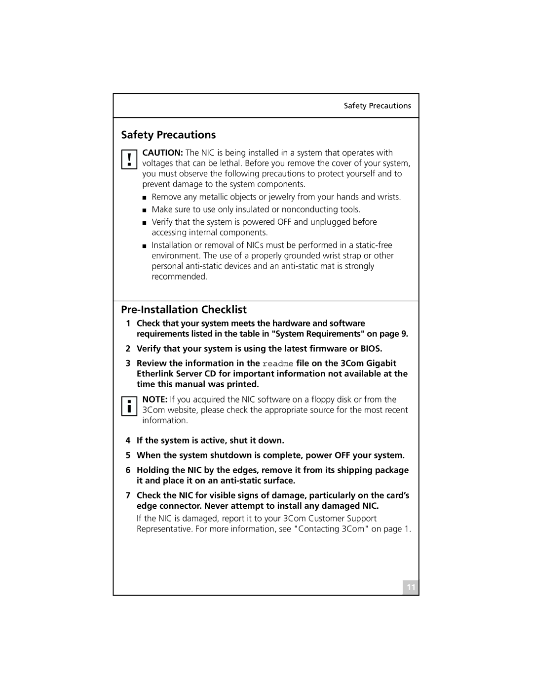 3Com 710011, 3C985B-SX, 3C986-T, 710026, 710024, 710025 manual Safety Precautions, Pre-Installation Checklist 