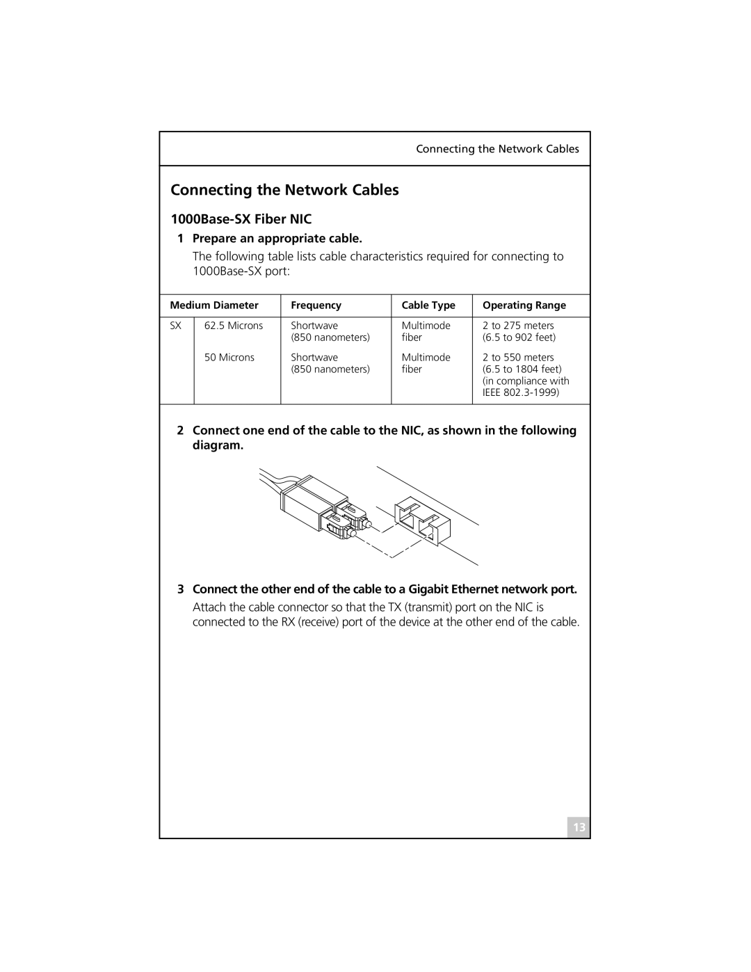 3Com 710025, 3C985B-SX, 3C986-T, 710026 Connecting the Network Cables, 1000Base-SX Fiber NIC, Prepare an appropriate cable 