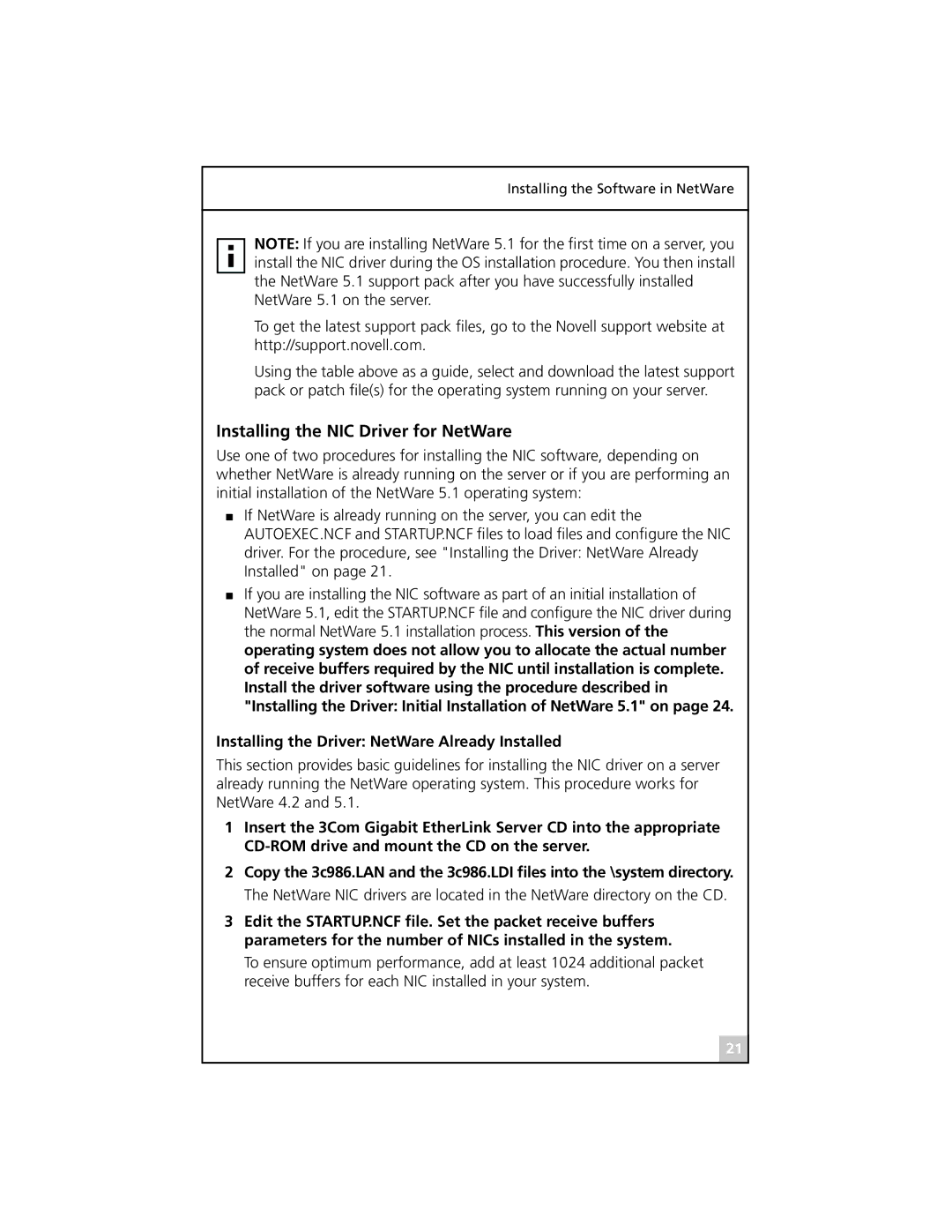 3Com 3C986-T, 3C985B-SX, 710026 manual Installing the NIC Driver for NetWare, Installing the Driver NetWare Already Installed 