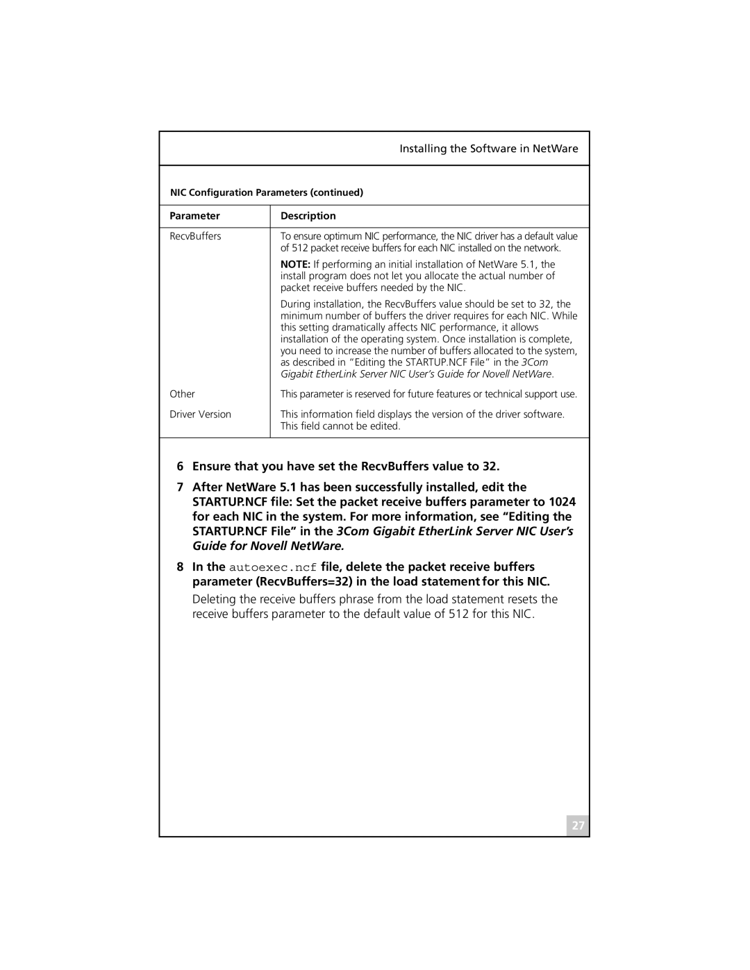 3Com 3C986-T, 3C985B-SX, 710026, 710011, 710024, 710025 manual NIC Conﬁguration Parameters, Parameter Description 