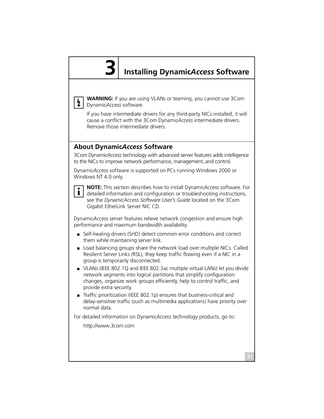 3Com 710025, 3C985B-SX, 3C986-T, 710026, 710011, 710024 manual Installing DynamicAccess Software, About DynamicAccess Software 