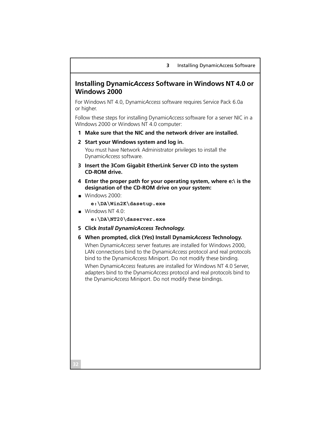 3Com 3C985B-SX, 3C986-T Click Install DynamicAccess Technology, When prompted, click Yes Install DynamicAccess Technology 