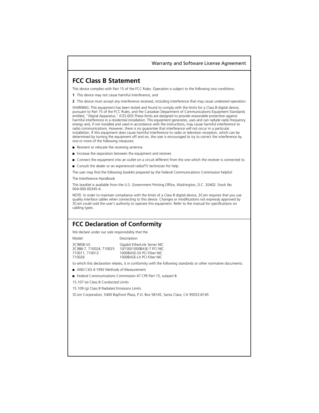 3Com 710025, 3C985B-SX, 3C986-T, 710026, 710011, 710024 manual FCC Class B Statement, FCC Declaration of Conformity 