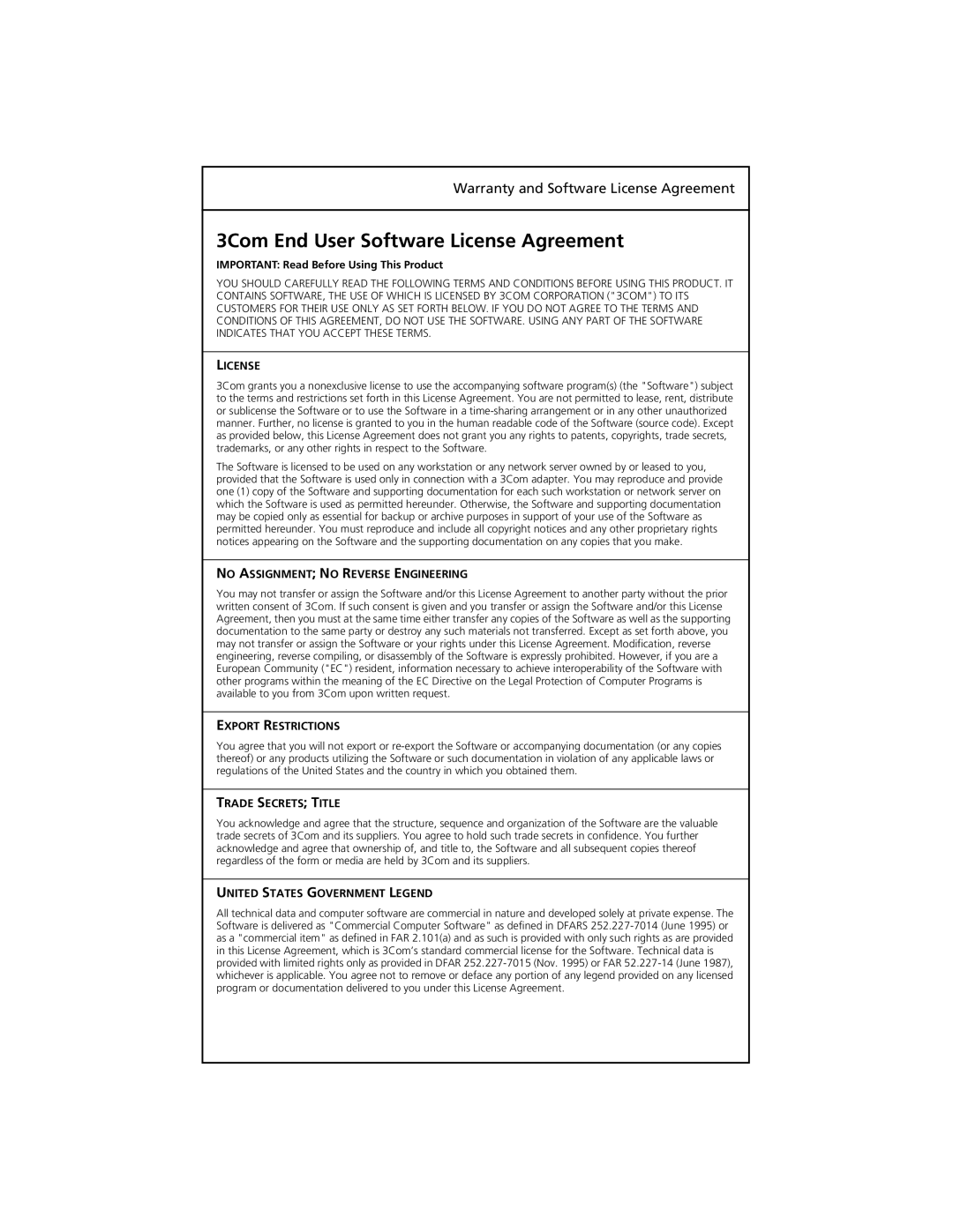 3Com 3C985B-SX, 3C986-T, 710026, 710011 3Com End User Software License Agreement, Important Read Before Using This Product 