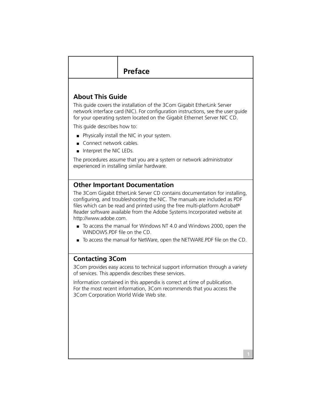 3Com 710025, 3C985B-SX, 3C986-T, 710026, 710011 manual Preface, About This Guide, Other Important Documentation Contacting 3Com 