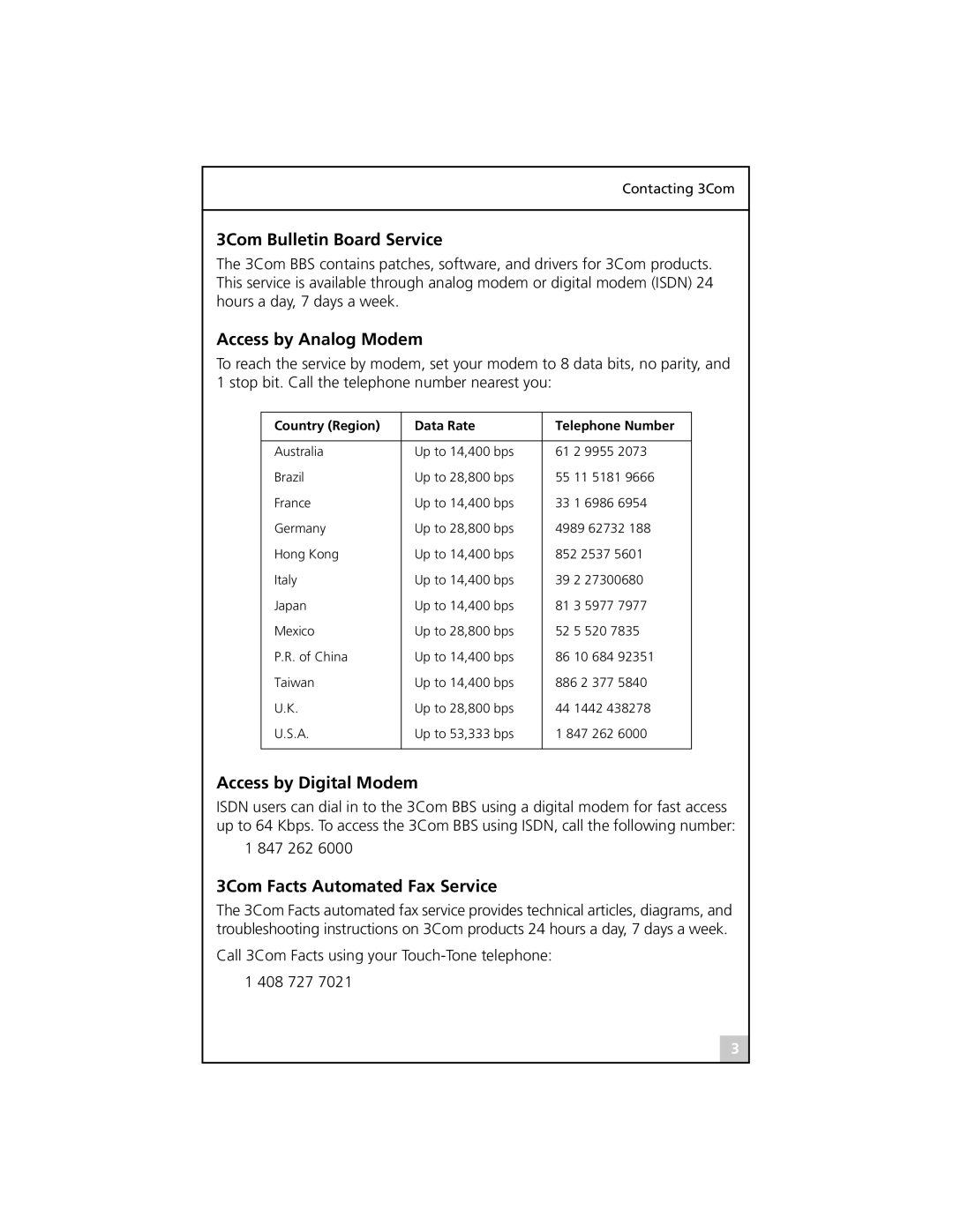 3Com 3C986-T, 3C985B-SX, 710026, 710011, 710024 3Com Bulletin Board Service, Access by Analog Modem, Access by Digital Modem 