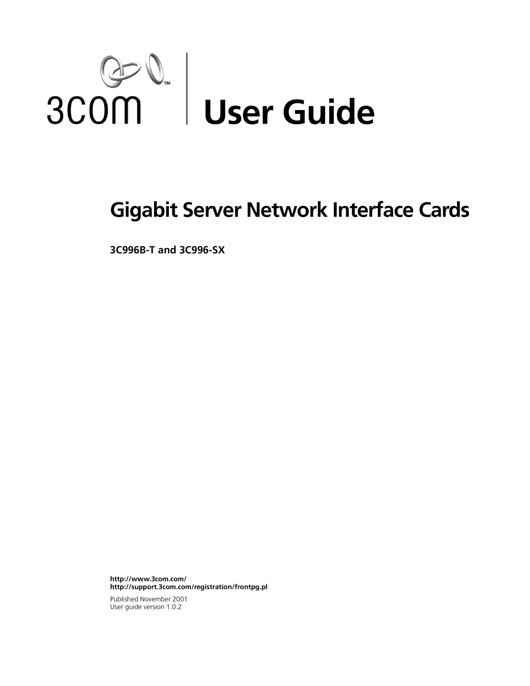 3Com manual Gigabit Server Network Interface Cards, 3C996B-T and 3C996-SX 