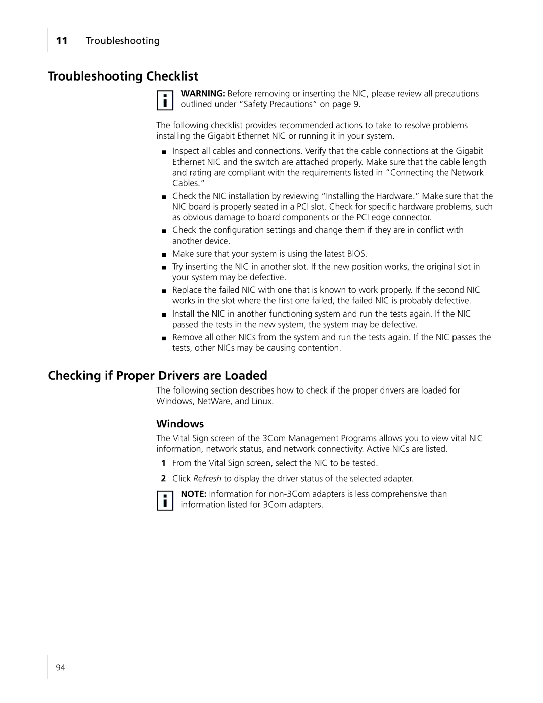 3Com 3C996B-T manual Troubleshooting Checklist, Checking if Proper Drivers are Loaded 