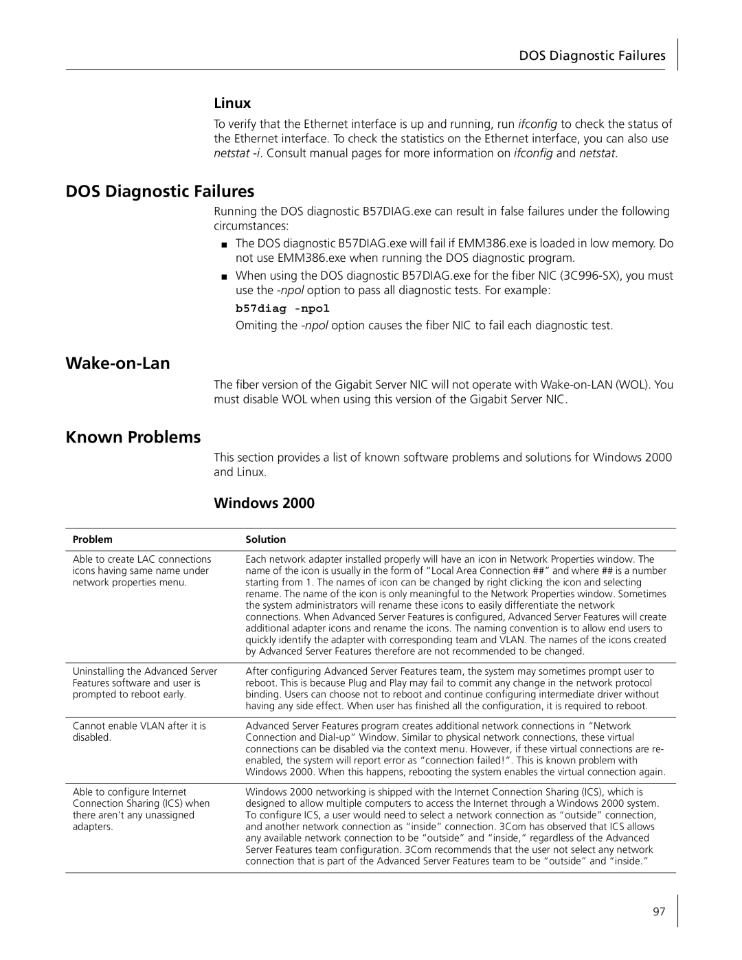 3Com 3C996B-T manual DOS Diagnostic Failures, Wake-on-Lan, Known Problems, B57diag -npol 