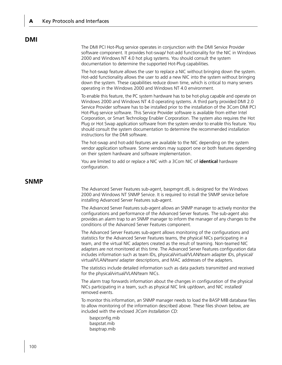 3Com 3C996B-T manual Dmi, Key Protocols and Interfaces 