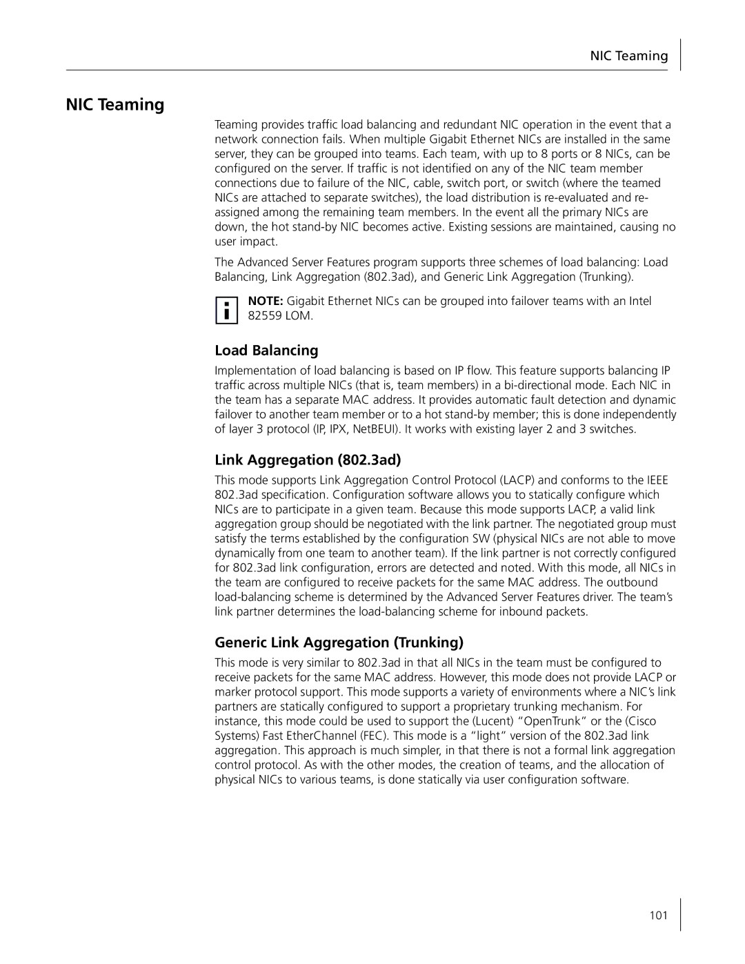 3Com 3C996B-T manual NIC Teaming, Load Balancing, Link Aggregation 802.3ad, Generic Link Aggregation Trunking 