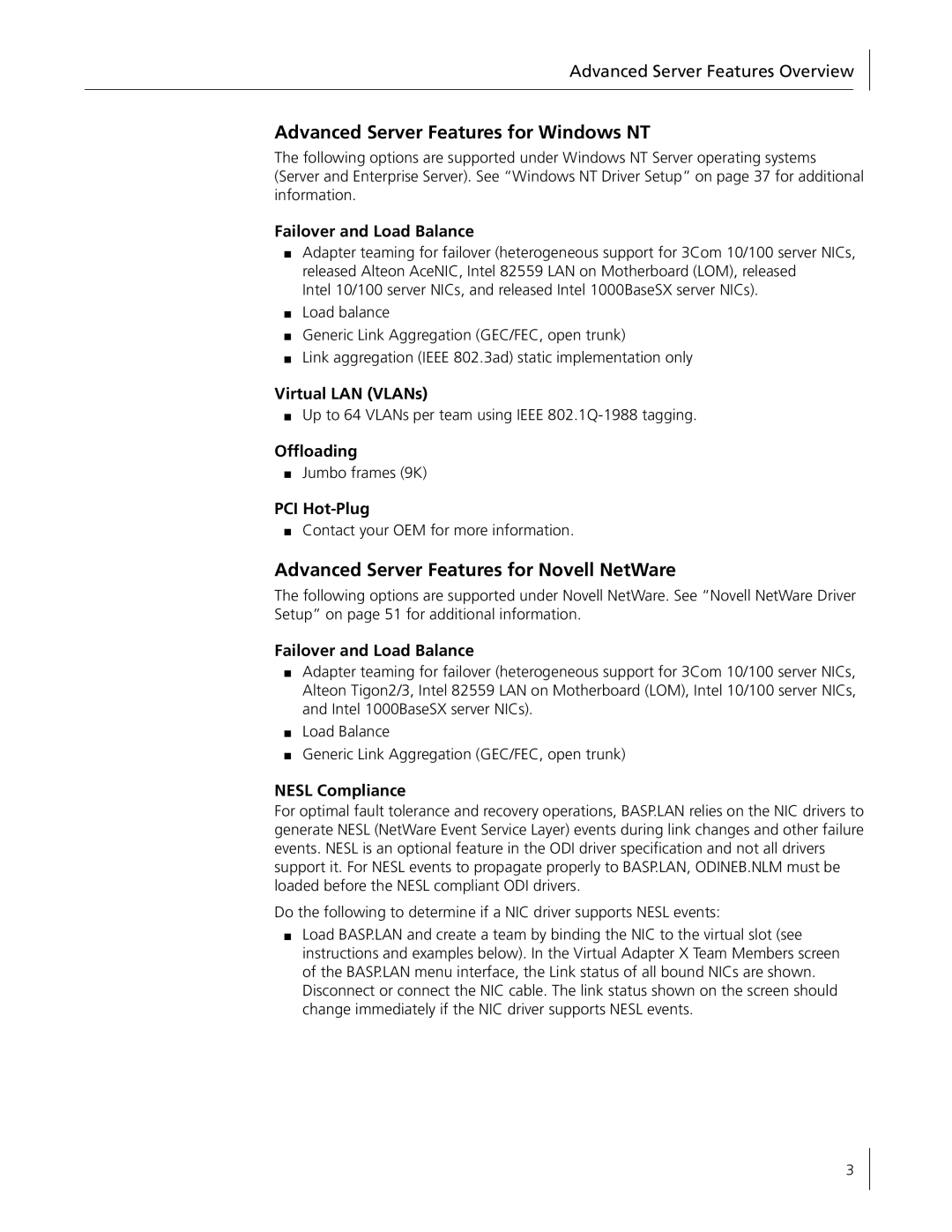 3Com 3C996B-T manual Advanced Server Features for Windows NT, Advanced Server Features for Novell NetWare, Nesl Compliance 