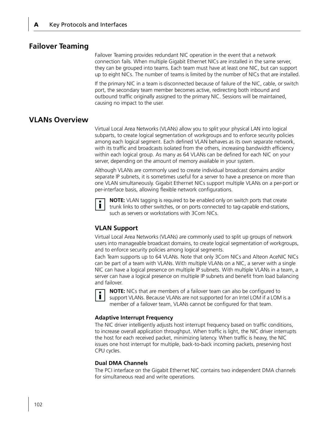 3Com 3C996B-T manual Failover Teaming, VLANs Overview, Vlan Support, Adaptive Interrupt Frequency, Dual DMA Channels 