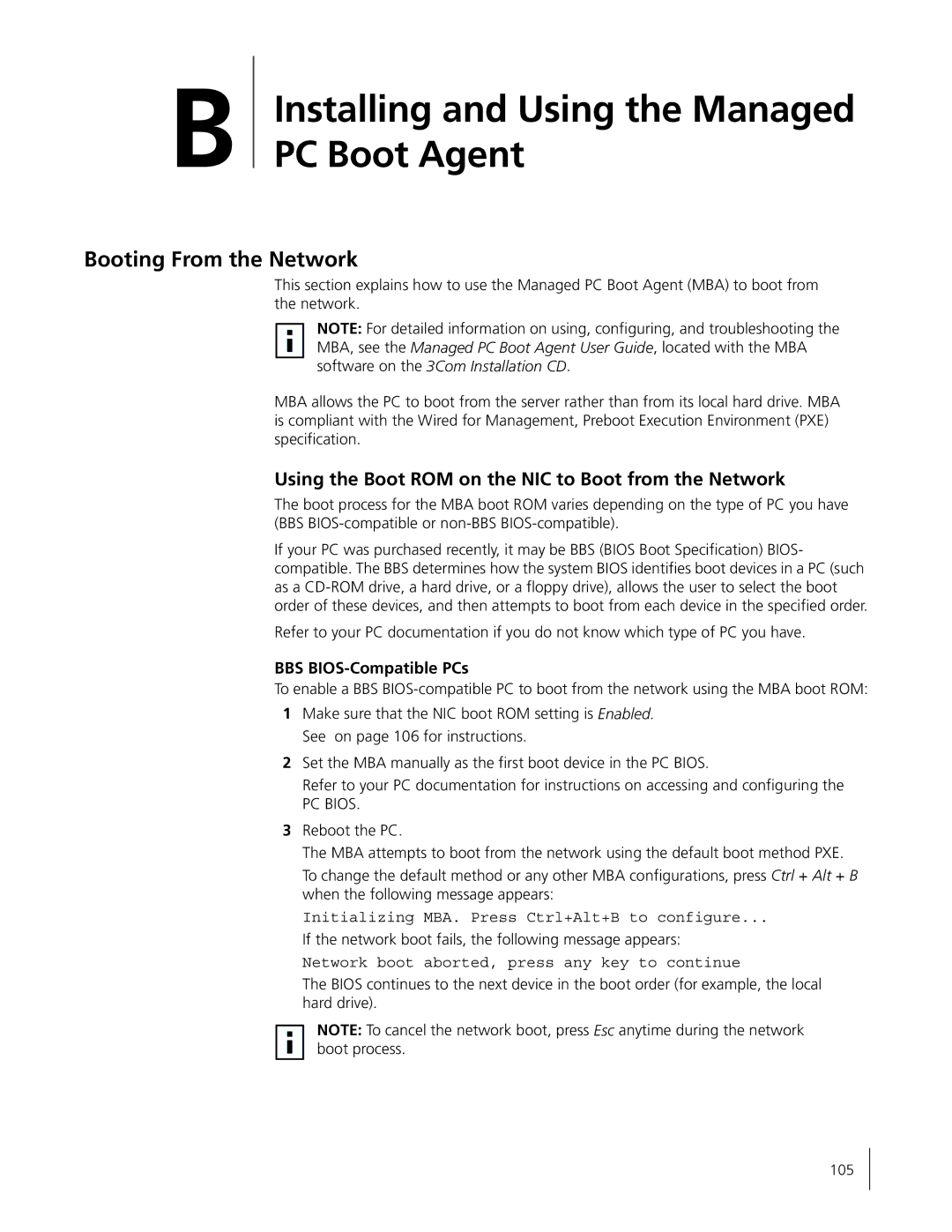 3Com 3C996B-T manual Installing and Using the Managed PC Boot Agent, Booting From the Network, BBS BIOS-Compatible PCs 