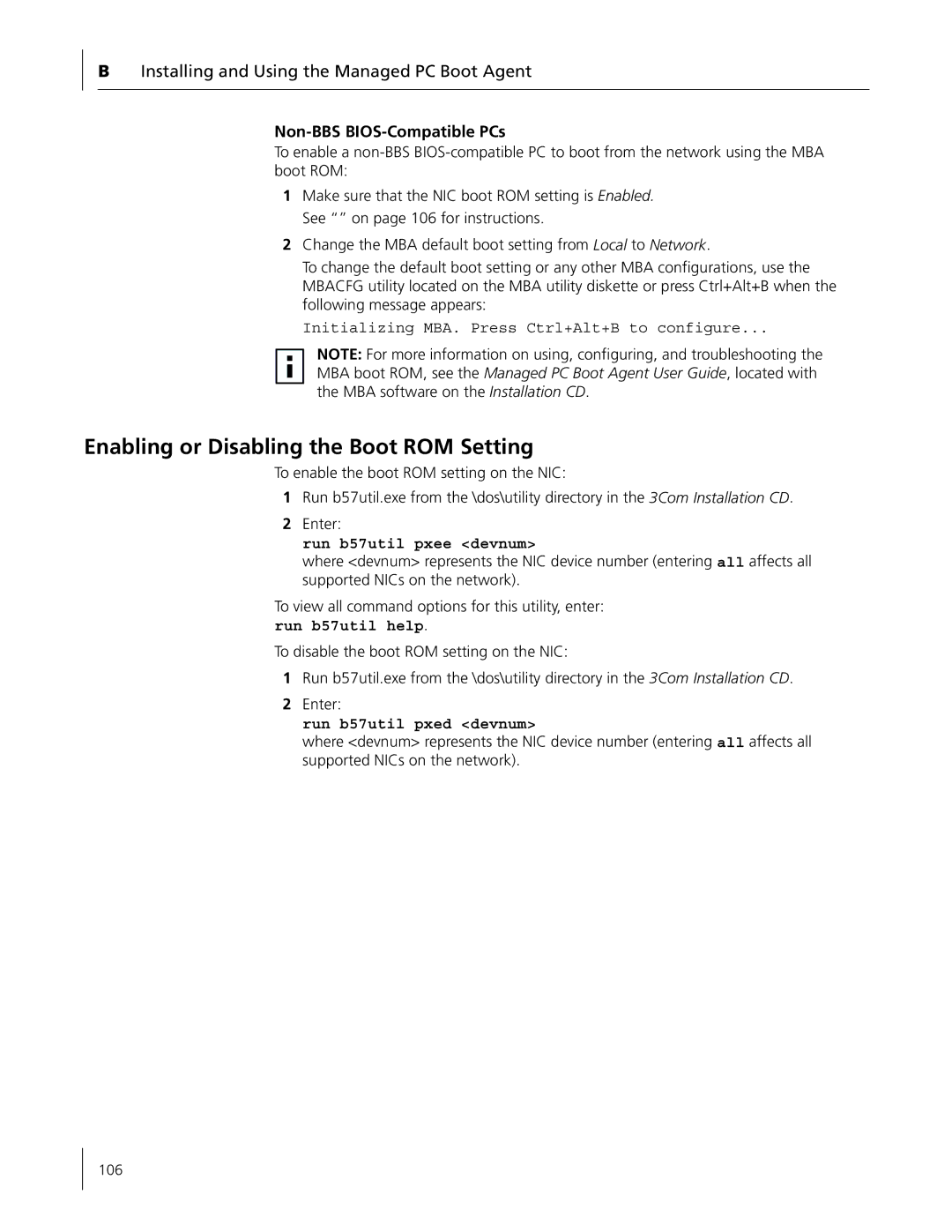 3Com 3C996B-T manual Enabling or Disabling the Boot ROM Setting, Installing and Using the Managed PC Boot Agent 