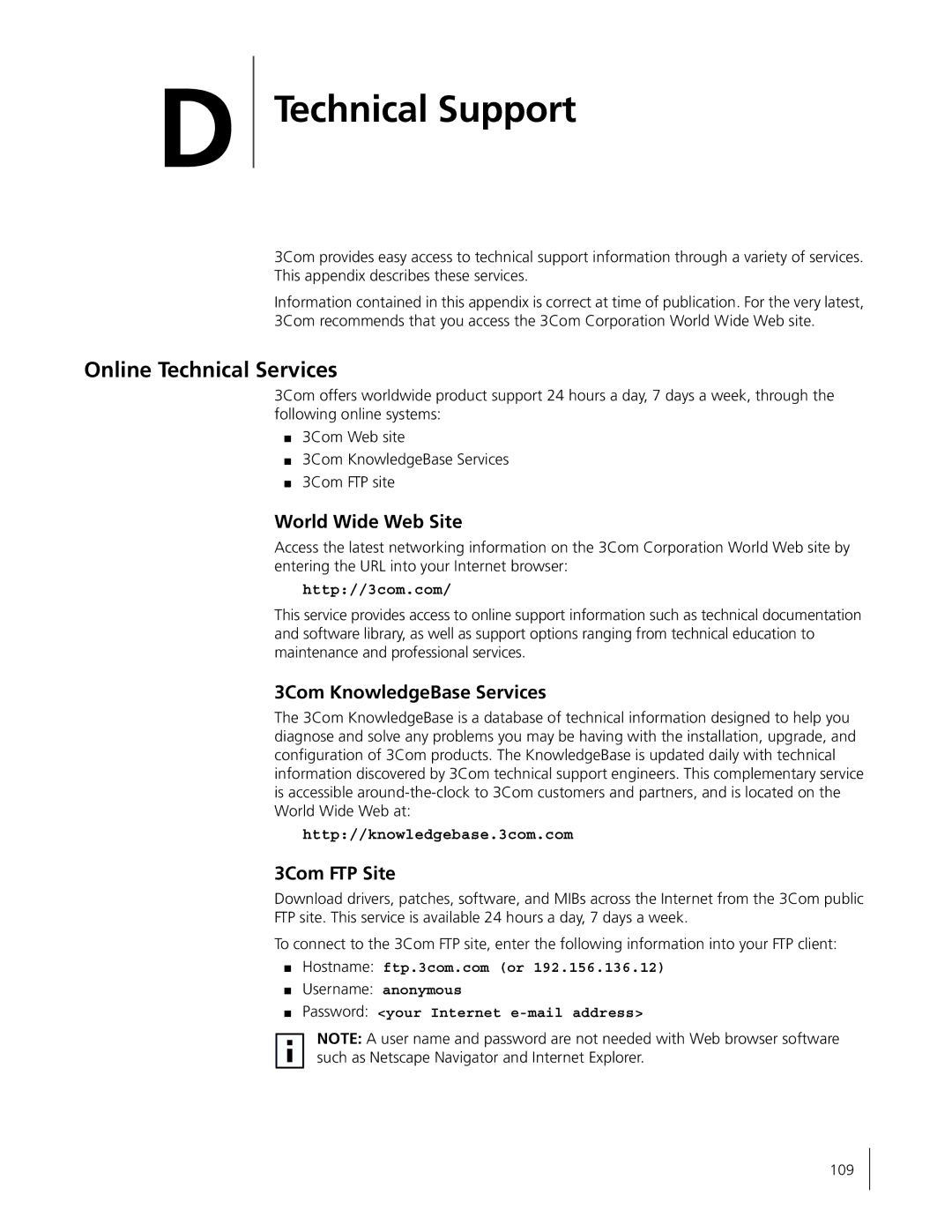 3Com 3C996B-T manual Technical Support, Online Technical Services, World Wide Web Site, 3Com KnowledgeBase Services 