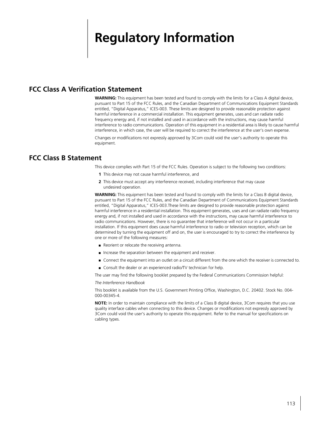 3Com 3C996B-T manual Regulatory Information, FCC Class a Verification Statement 