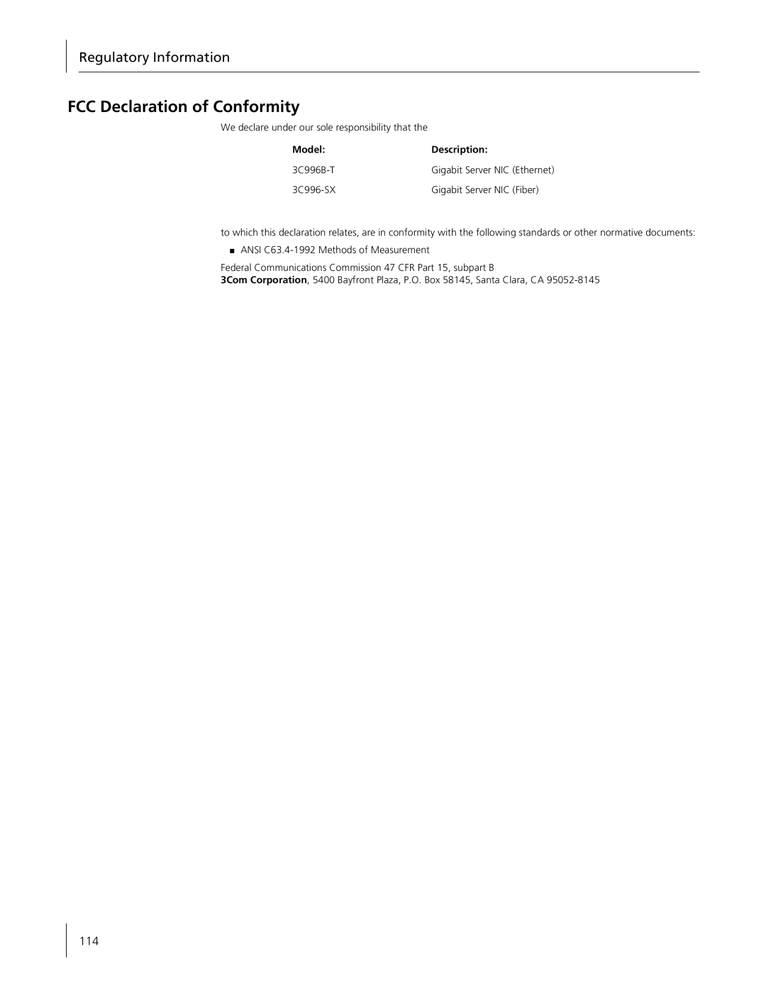 3Com 3C996B-T manual Regulatory Information, Model Description 