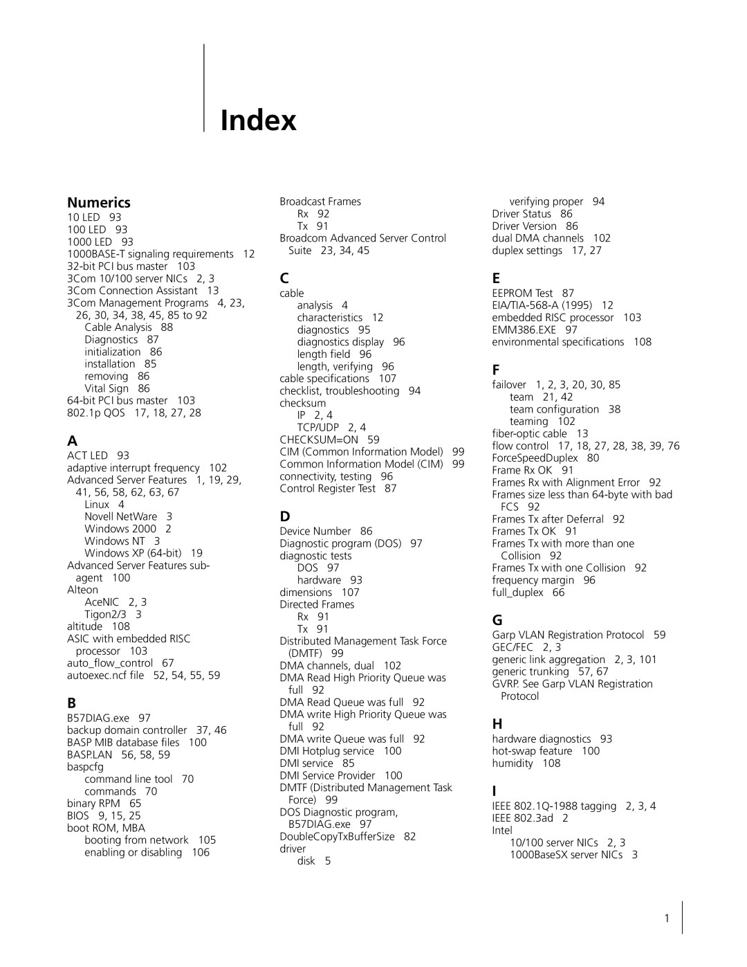 3Com 3C996B-T manual Index, Numerics 