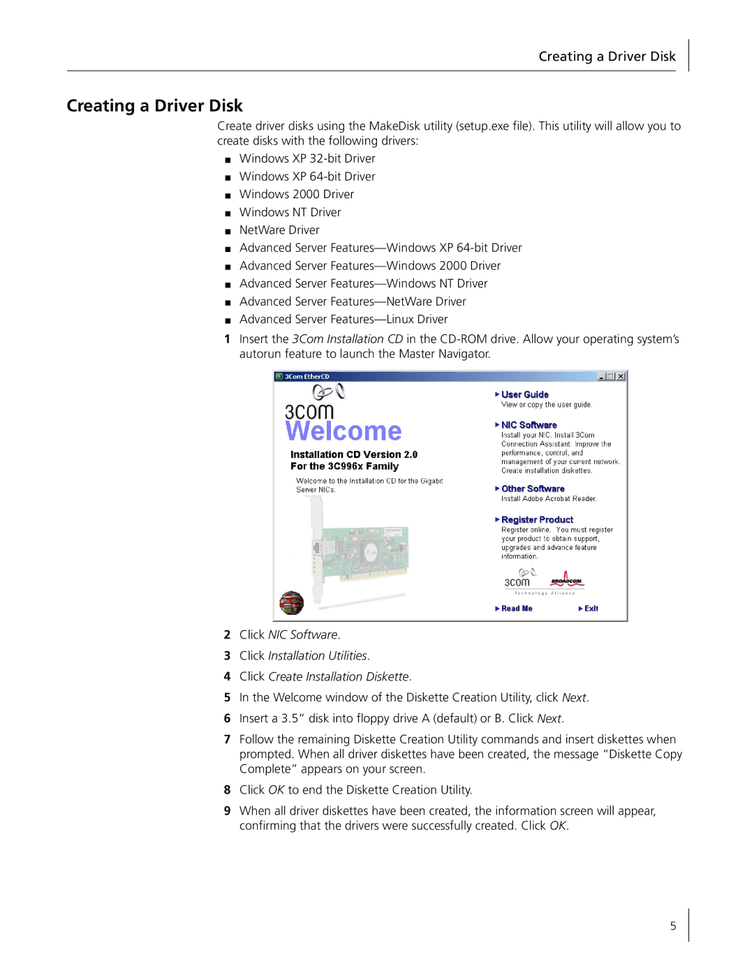 3Com 3C996B-T manual Creating a Driver Disk 