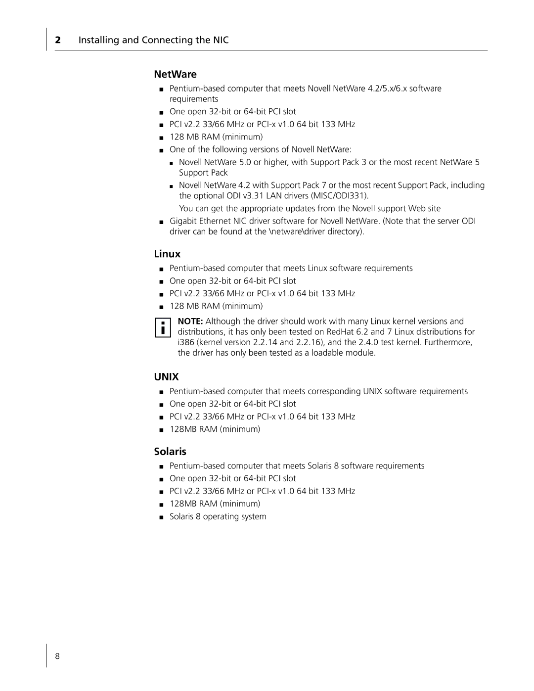 3Com 3C996B-T manual NetWare, Linux, Solaris, Installing and Connecting the NIC 