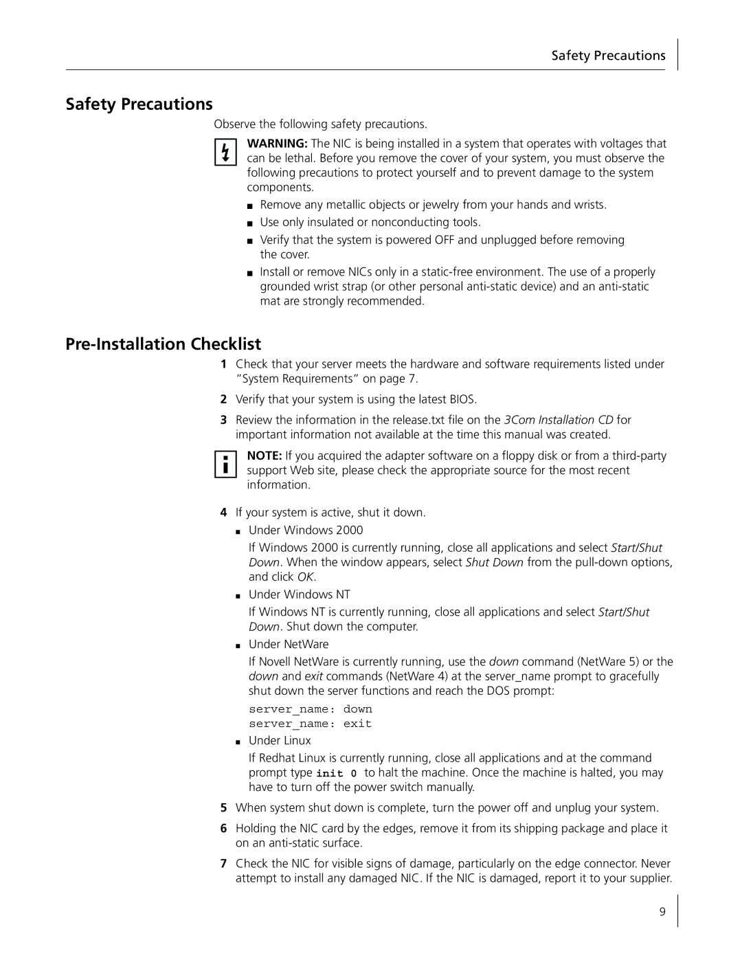 3Com 3C996B-T manual Safety Precautions, Pre-Installation Checklist 