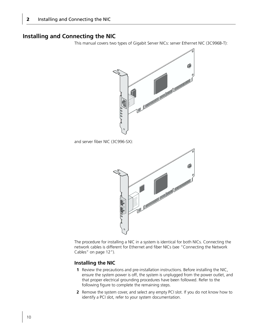 3Com 3C996B-T manual Installing and Connecting the NIC, Installing the NIC 