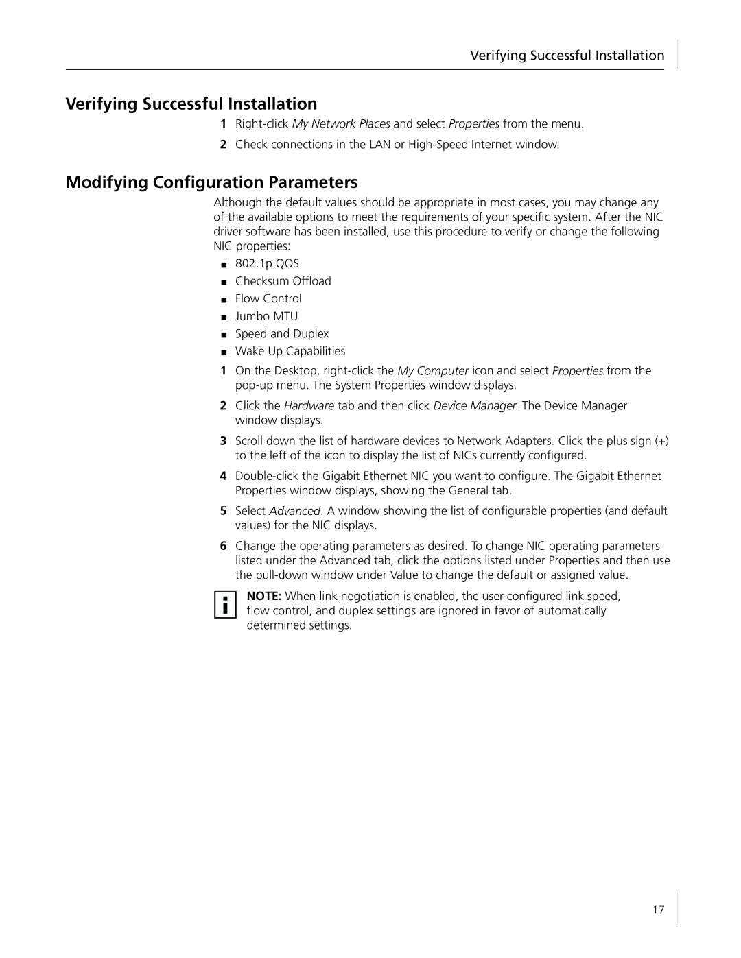 3Com 3C996B-T manual Verifying Successful Installation, Modifying Configuration Parameters 