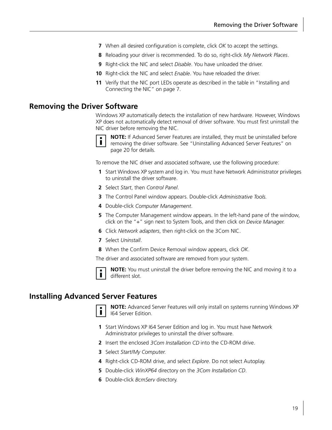 3Com 3C996B-T manual Removing the Driver Software, Installing Advanced Server Features 