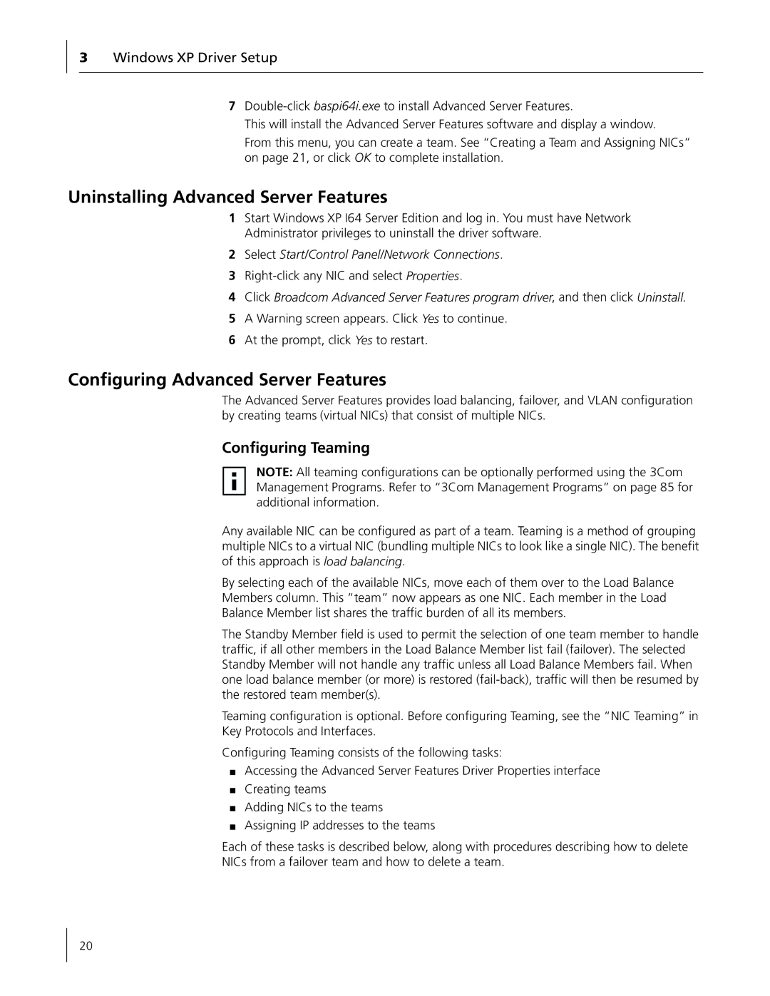 3Com 3C996B-T manual Uninstalling Advanced Server Features, Configuring Advanced Server Features, Configuring Teaming 