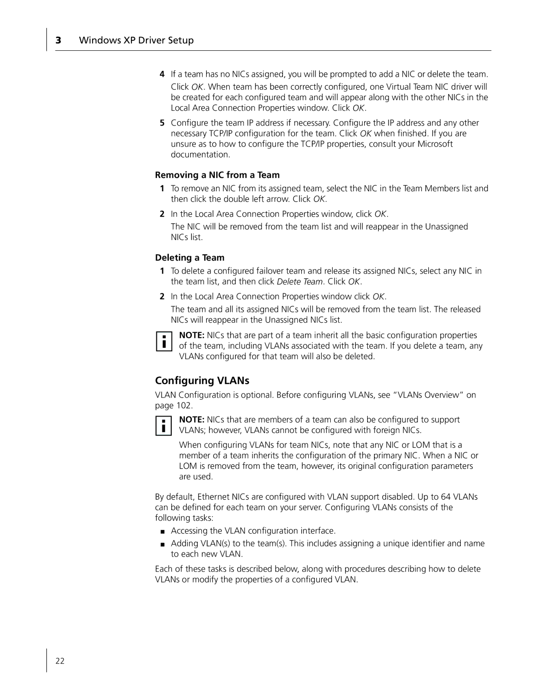 3Com 3C996B-T manual Configuring VLANs, Removing a NIC from a Team, Deleting a Team 