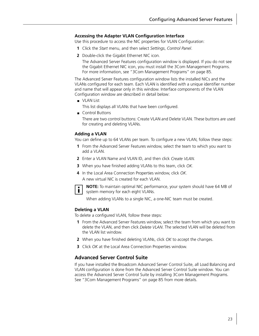 3Com 3C996B-T manual Advanced Server Control Suite, Accessing the Adapter Vlan Configuration Interface, Adding a Vlan 