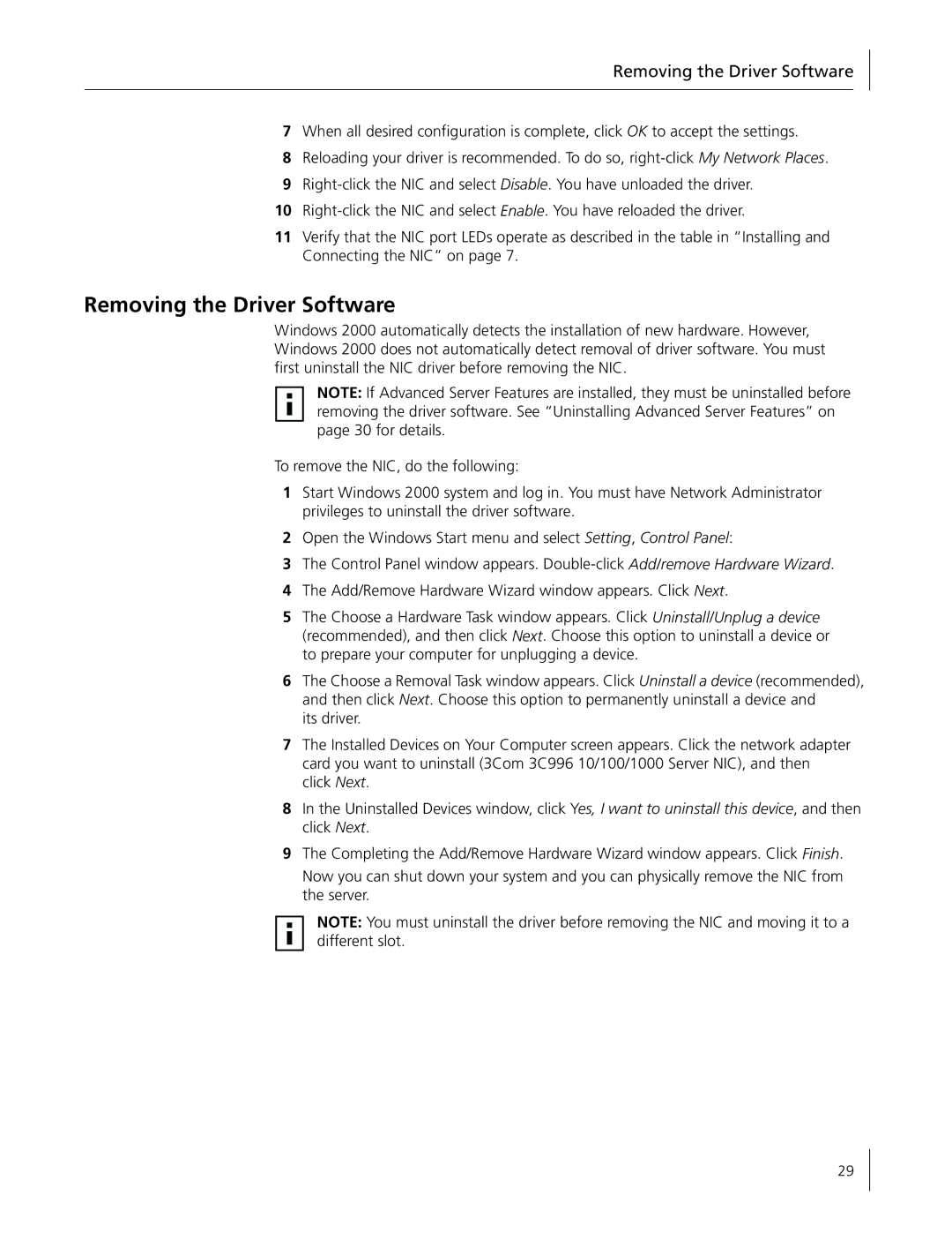 3Com 3C996B-T manual Removing the Driver Software 