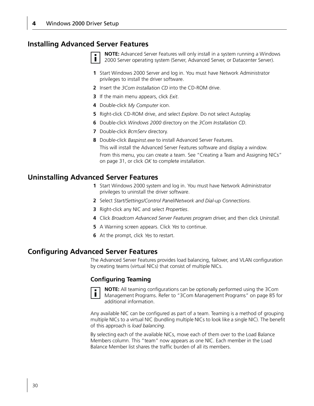 3Com 3C996B-T manual Installing Advanced Server Features 