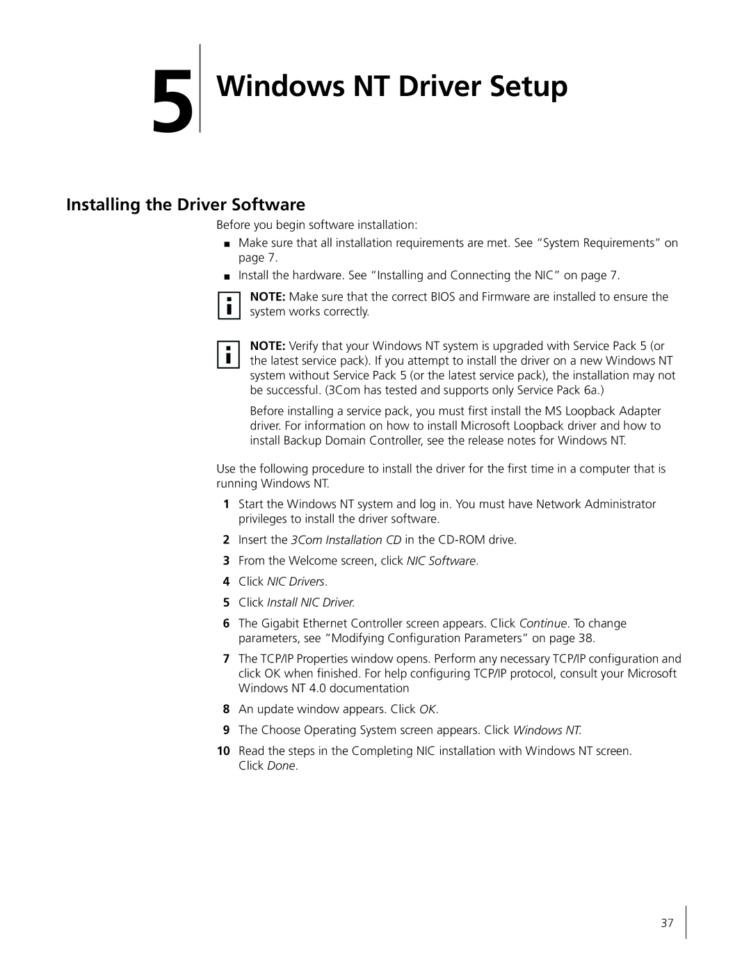 3Com 3C996B-T manual Windows NT Driver Setup, Click NIC Drivers Click Install NIC Driver 