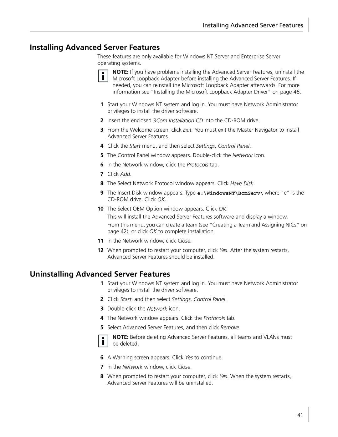 3Com 3C996B-T manual Installing Advanced Server Features 