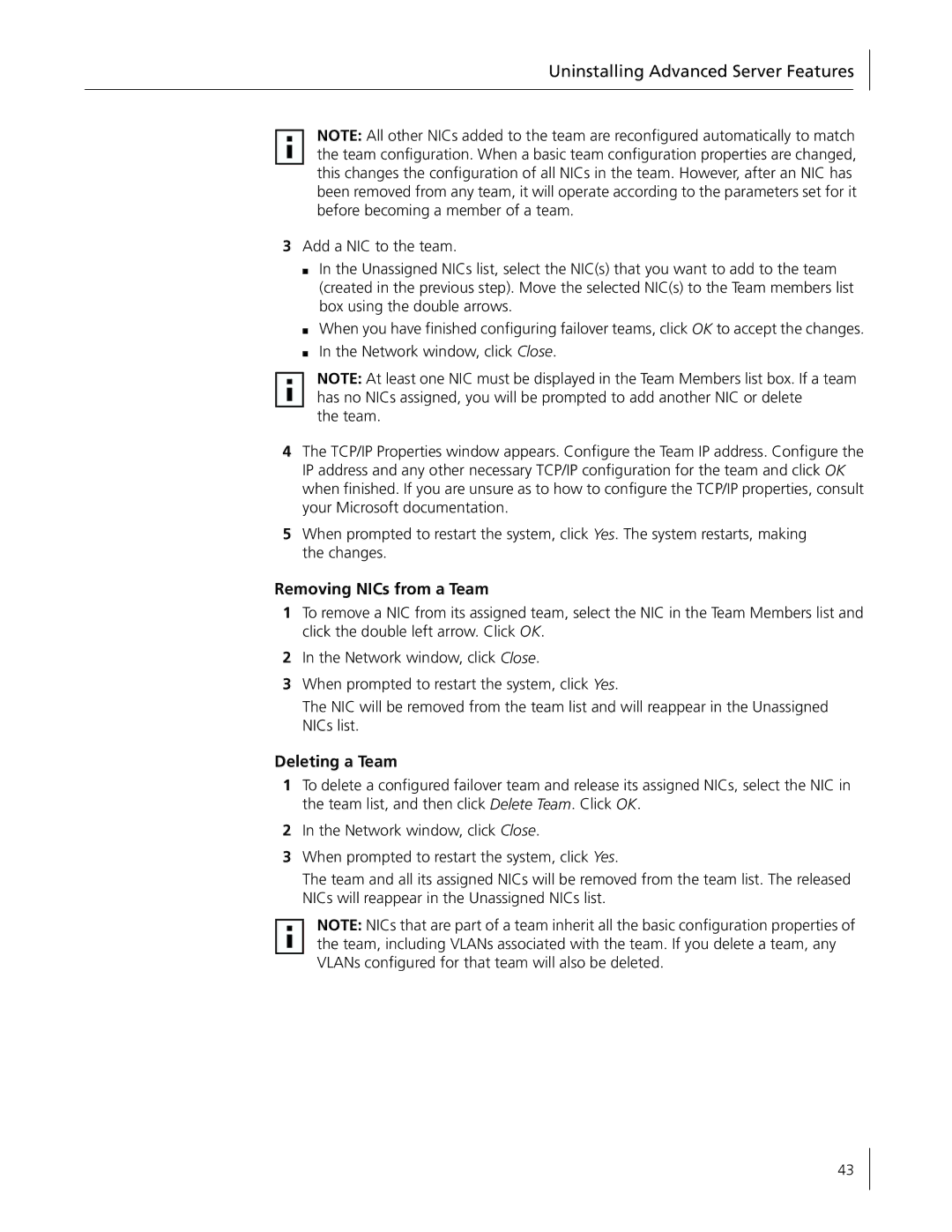 3Com 3C996B-T manual Uninstalling Advanced Server Features, Removing NICs from a Team 